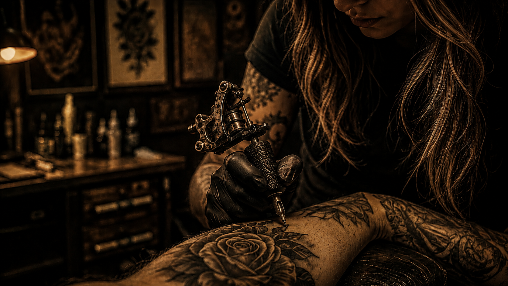 אנדי מקעקעת ורד על היד בסטודיו Gamma Ray Tattoos